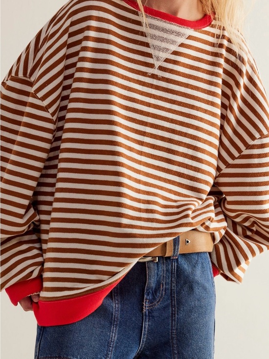 We The Free Sweaters - We The Free Blue & White Striped Crewneck with Yellow Trim